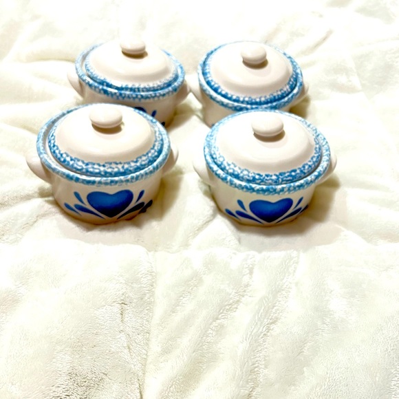 Corelle Jay Import Blue Hearts Spongeware crocks 4 bowls with lid - Picture 1 of 12